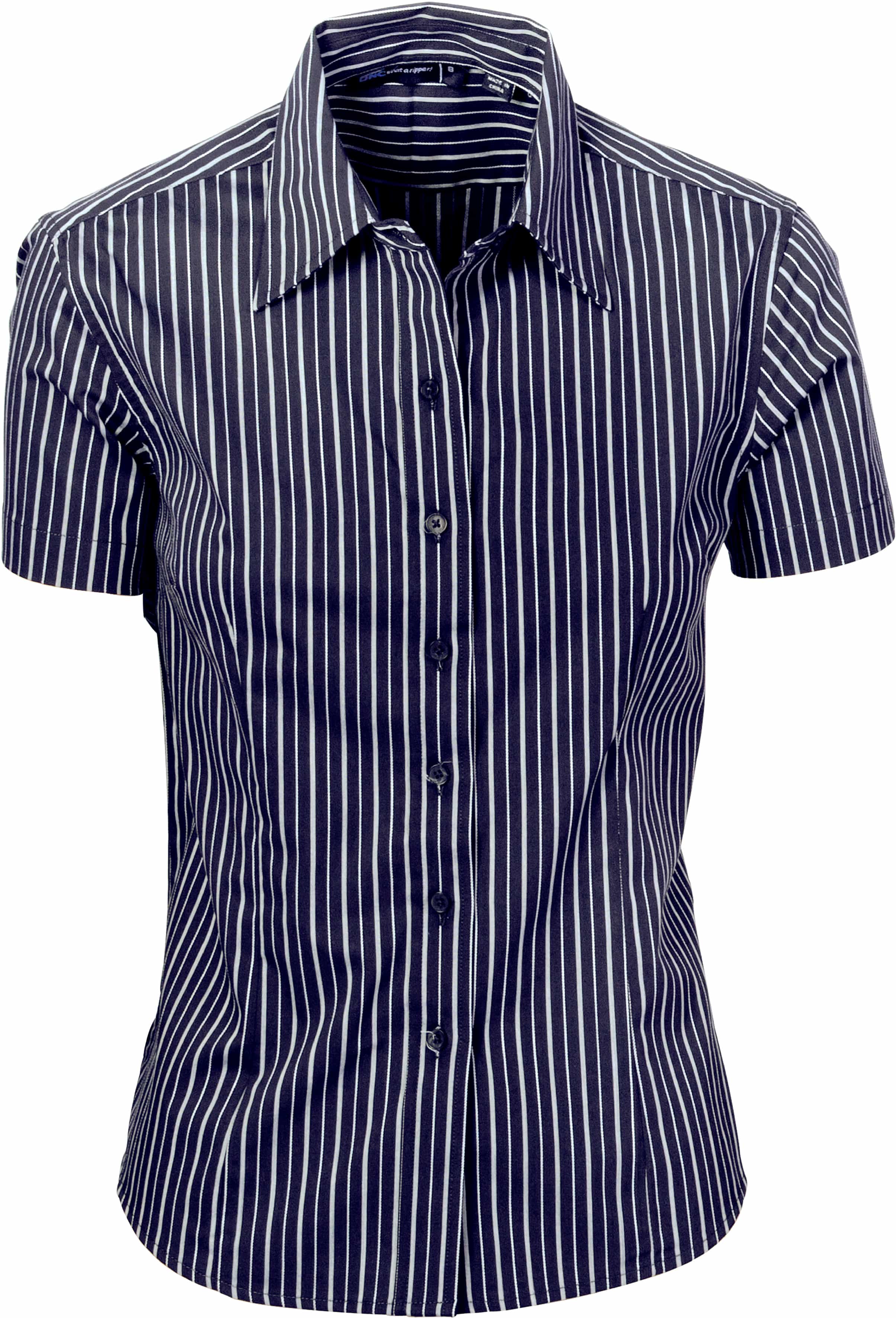 Ladies Stretch Yarn Dyed Contrast Stripe Sh irts -Short Sleeve