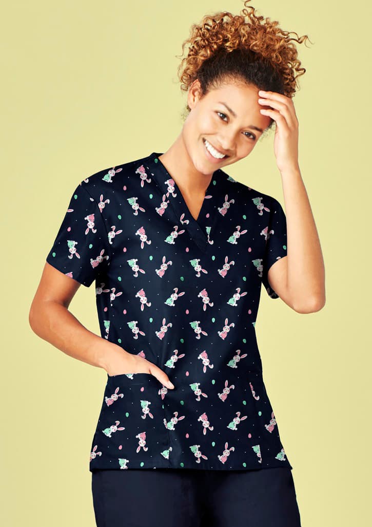 Womens Easter V-neck Short Sleeve Scrub Top — view 1